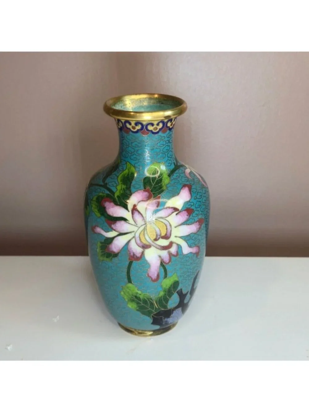 Vintage Cloisonné Vase Pink & White Chrysanthemums Gold Accents Floral Enamel